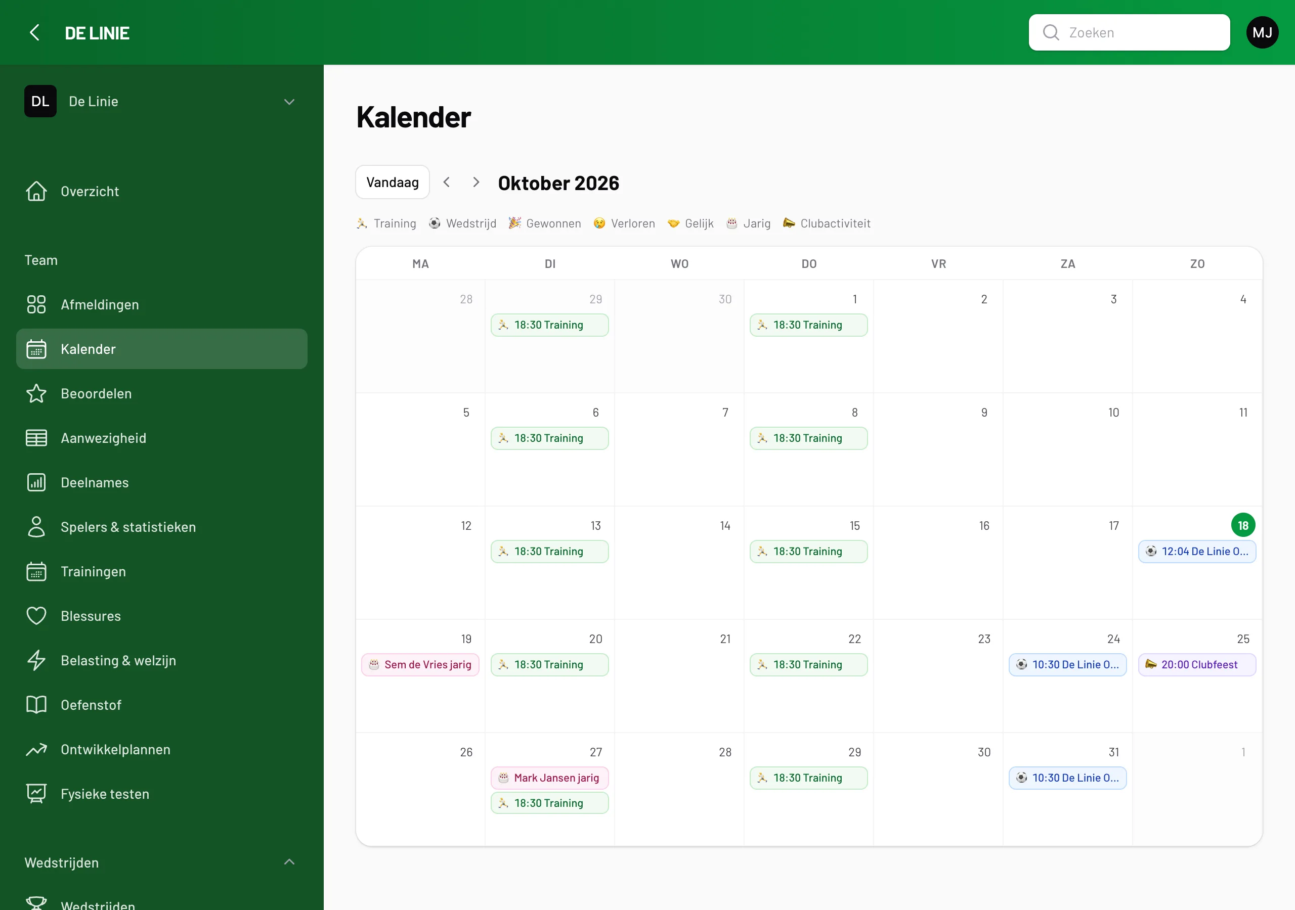 De kalender met trainingen, wedstrijden en verjaardagen
