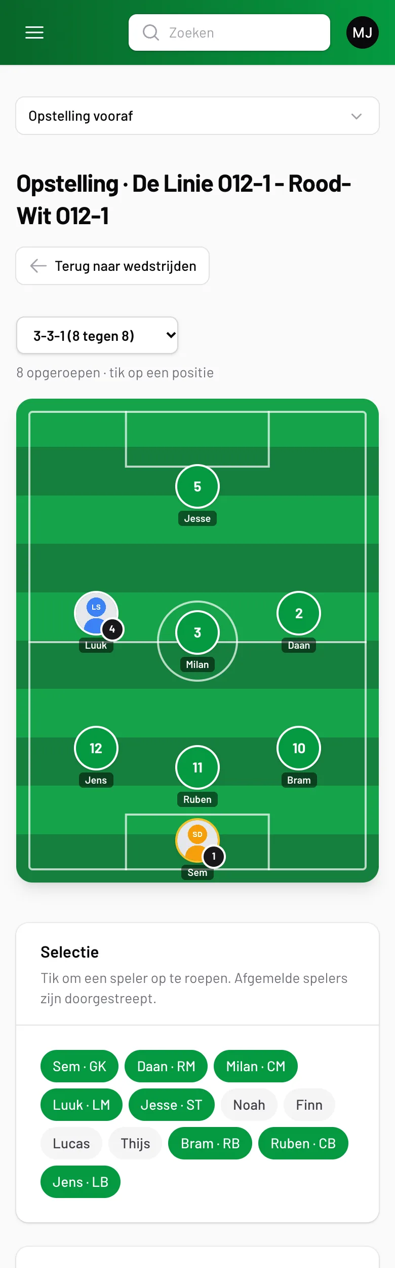 De opstelling op het veld met spelersfoto's en rugnummers